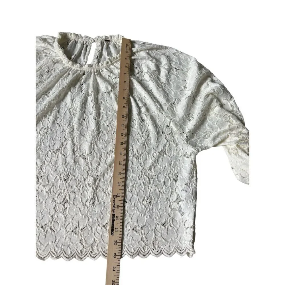 Free People‎ Olivia Lace Top size L Floral Long Bell Sleeve ivory white